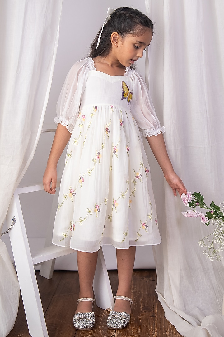 White Pure Organza Floral Thread Embroidered Dress For Girls by The Right Cut Kids at Pernia's Pop Up Shop