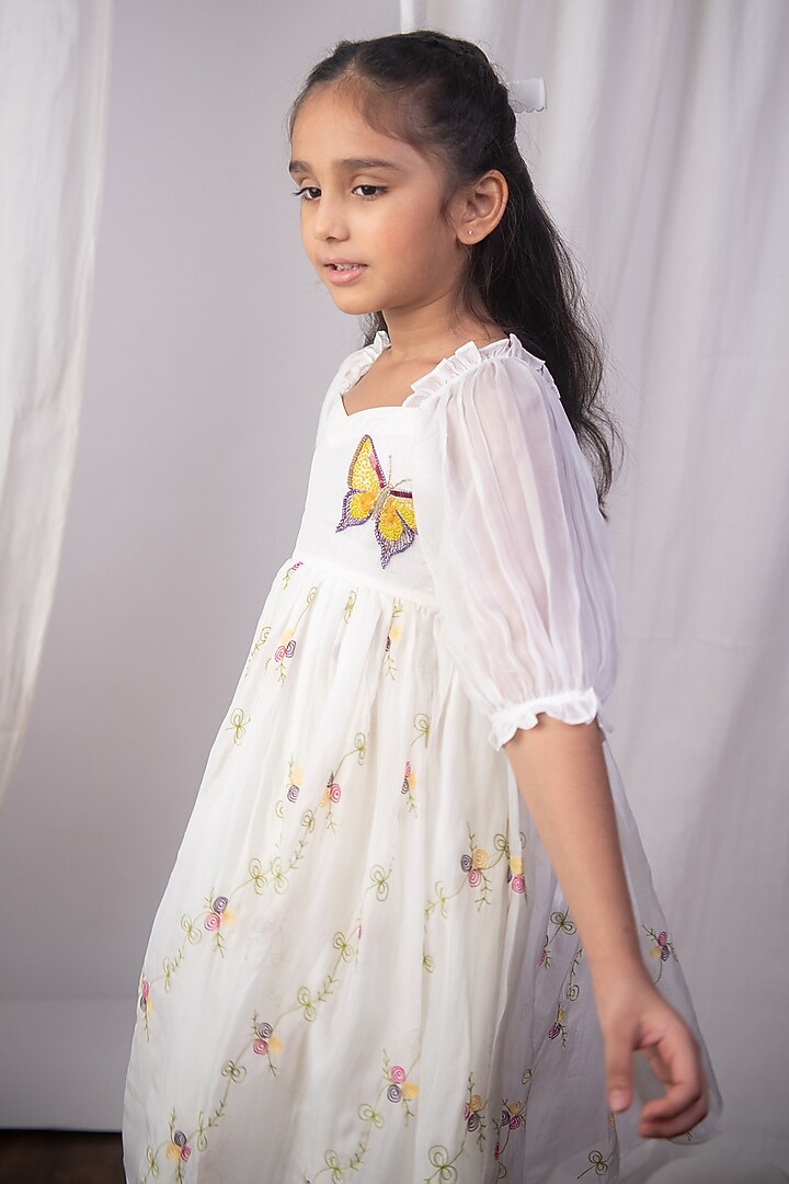 White Pure Organza Floral Thread Embroidered Dress For Girls by The Right Cut Kids at Pernia's Pop Up Shop