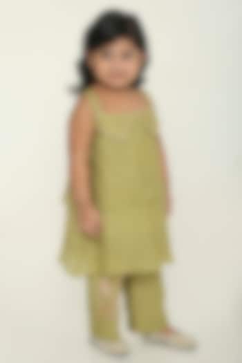 Sage Green Chanderi Floral Embroidered Co-Ord Set For Girls by The Right Cut Kids at Pernia's Pop Up Shop
