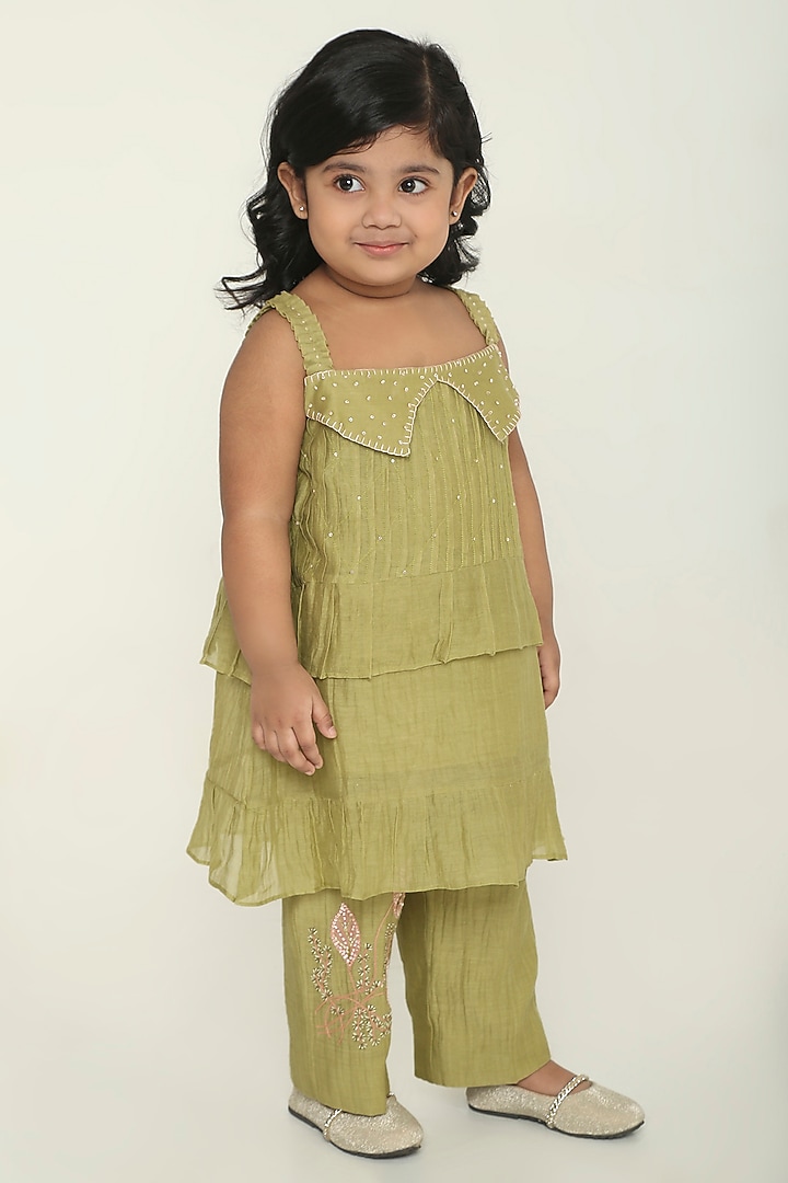 Sage Green Chanderi Floral Embroidered Co-Ord Set For Girls by The Right Cut Kids at Pernia's Pop Up Shop