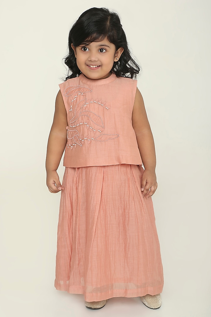 Dusty Pink Chanderi Leaf Embroidered Co-Ord Set For Girls by The Right Cut Kids at Pernia's Pop Up Shop