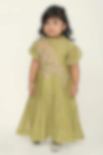 Sage Green Chanderi Vine Embroidered Maxi Dress For Girls by The Right Cut Kids at Pernia's Pop Up Shop