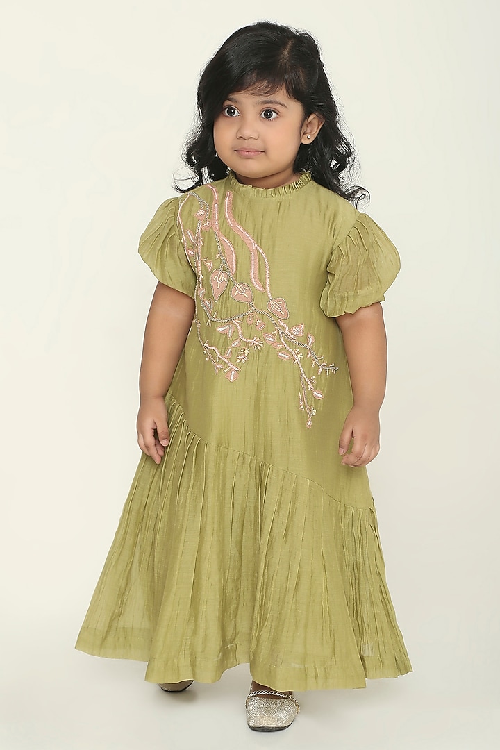 Sage Green Chanderi Vine Embroidered Maxi Dress For Girls by The Right Cut Kids at Pernia's Pop Up Shop