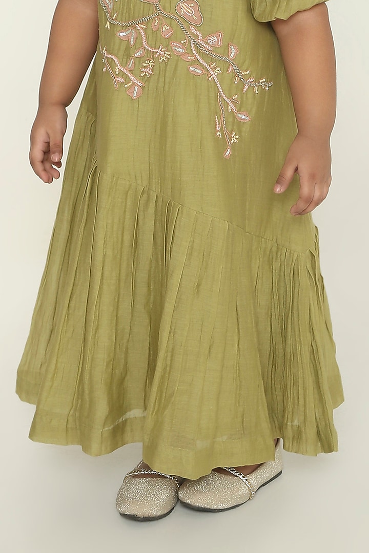 Sage Green Chanderi Vine Embroidered Maxi Dress For Girls by The Right Cut Kids at Pernia's Pop Up Shop