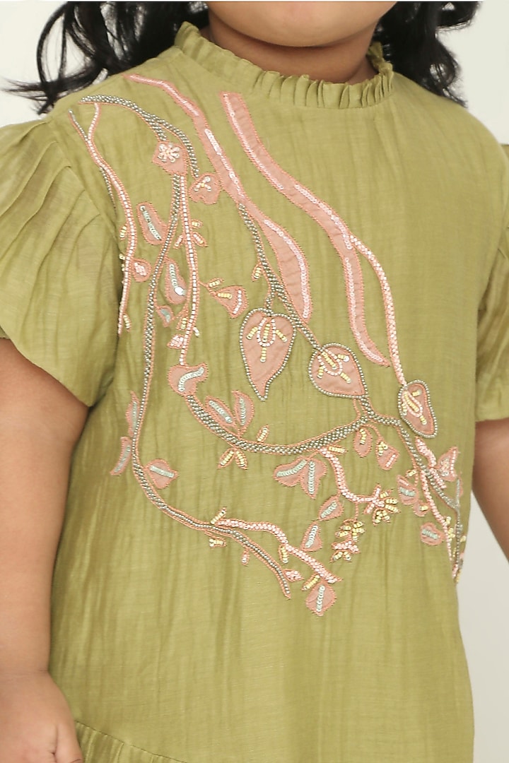 Sage Green Chanderi Vine Embroidered Maxi Dress For Girls by The Right Cut Kids at Pernia's Pop Up Shop