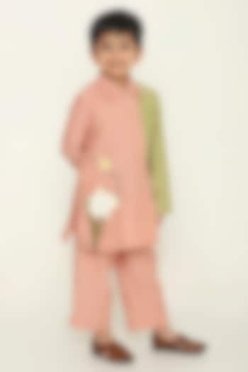 Dusty Pink & Sage Green Chanderi Floral Embroidered Kurta Set For Boys by The Right Cut Kids at Pernia's Pop Up Shop