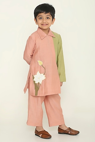 Dusty Pink & Sage Green Chanderi Floral Embroidered Kurta Set For Boys by The Right Cut Kids