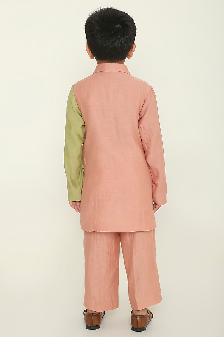 Dusty Pink & Sage Green Chanderi Floral Embroidered Kurta Set For Boys by The Right Cut Kids at Pernia's Pop Up Shop