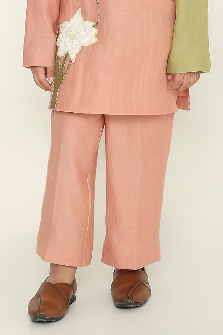 Dusty Pink & Sage Green Chanderi Floral Embroidered Kurta Set For Boys by The Right Cut Kids at Pernia's Pop Up Shop
