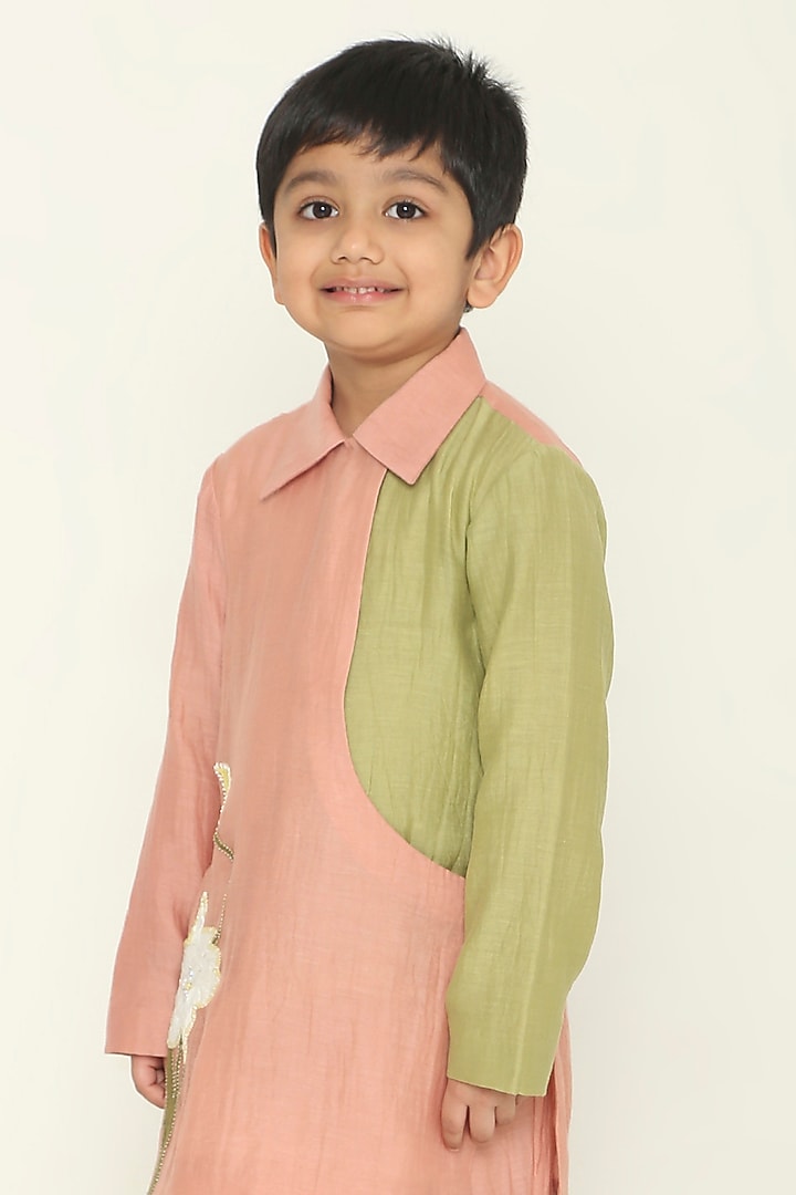 Dusty Pink & Sage Green Chanderi Floral Embroidered Kurta Set For Boys by The Right Cut Kids at Pernia's Pop Up Shop
