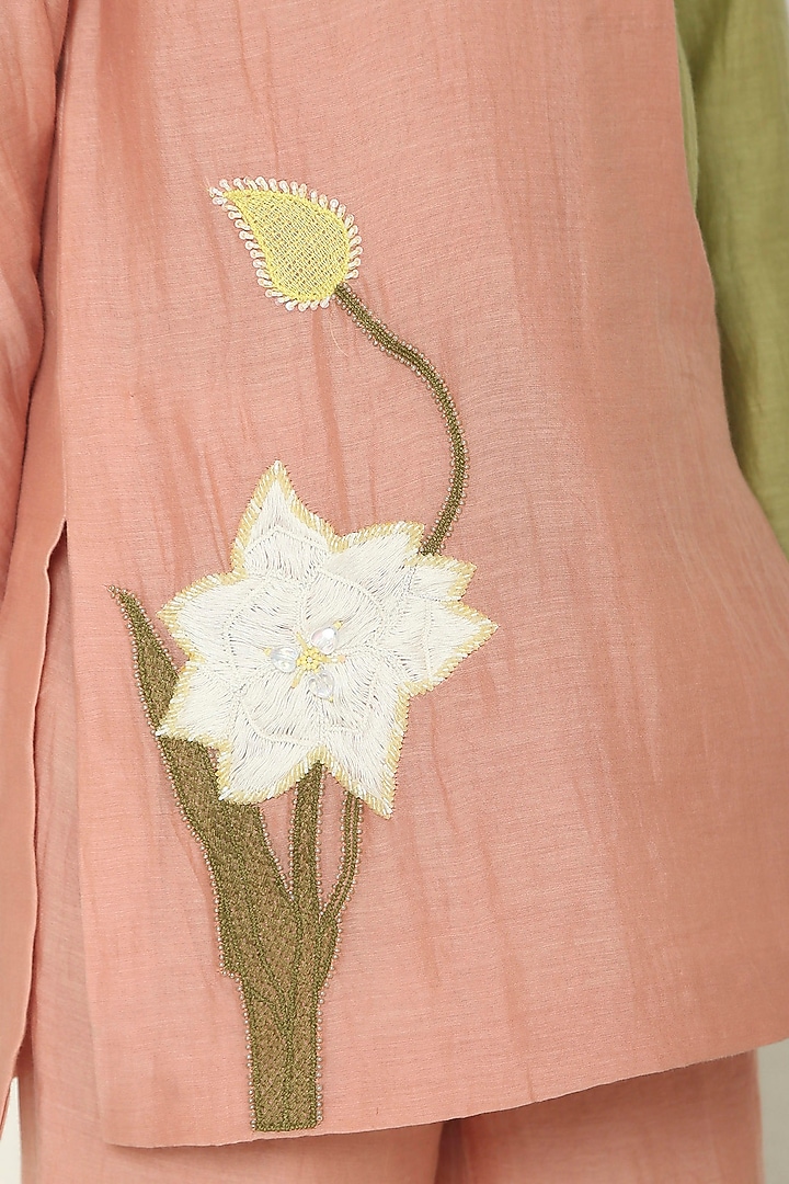 Dusty Pink & Sage Green Chanderi Floral Embroidered Kurta Set For Boys by The Right Cut Kids at Pernia's Pop Up Shop