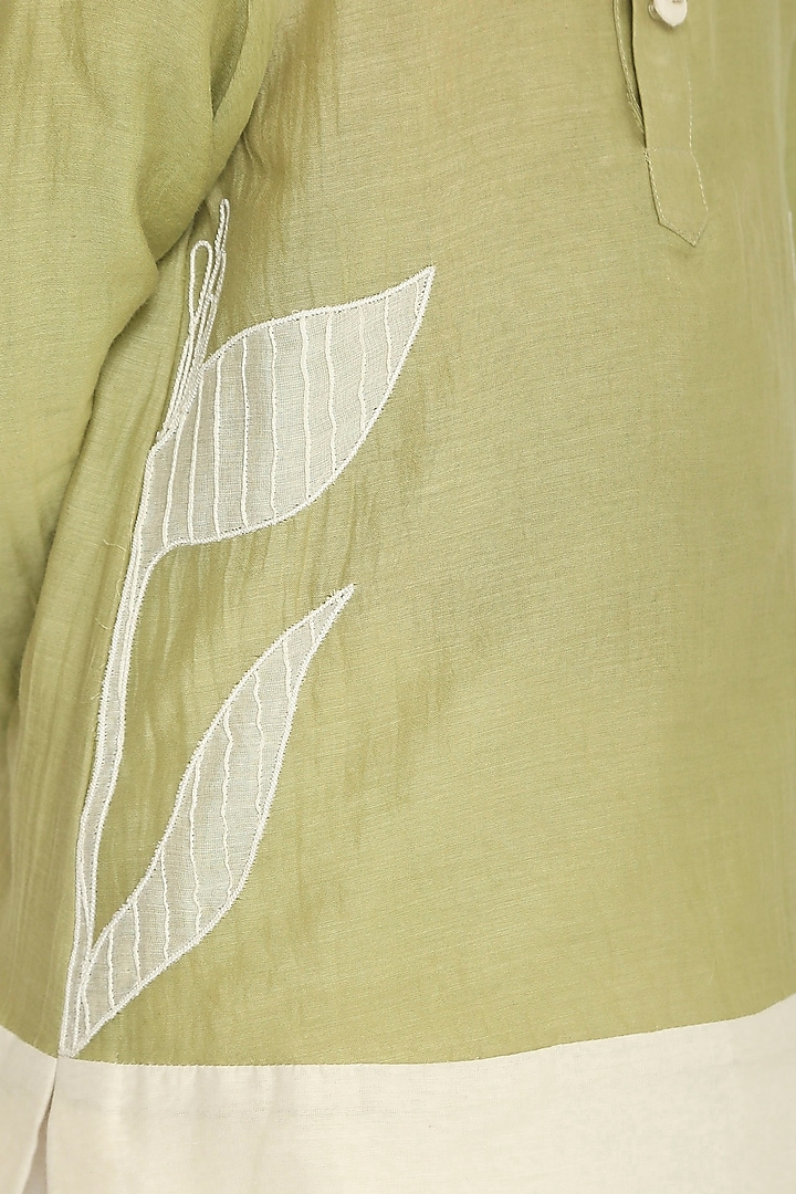Sage Green & White Chanderi Leaf Applique Kurta Set For Boys by The Right Cut Kids at Pernia's Pop Up Shop