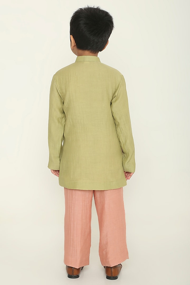 Dusty Pink & Sage Green Chanderi Paneled Kurta Set For Boys by The Right Cut Kids at Pernia's Pop Up Shop