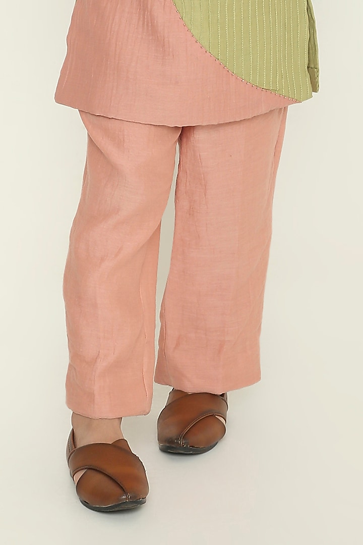 Dusty Pink & Sage Green Chanderi Paneled Kurta Set For Boys by The Right Cut Kids at Pernia's Pop Up Shop