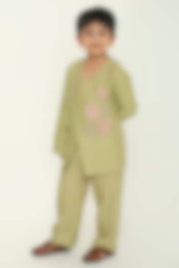 Sage Green Chanderi Floral Embroidered Kurta Set For Boys by The Right Cut Kids at Pernia's Pop Up Shop