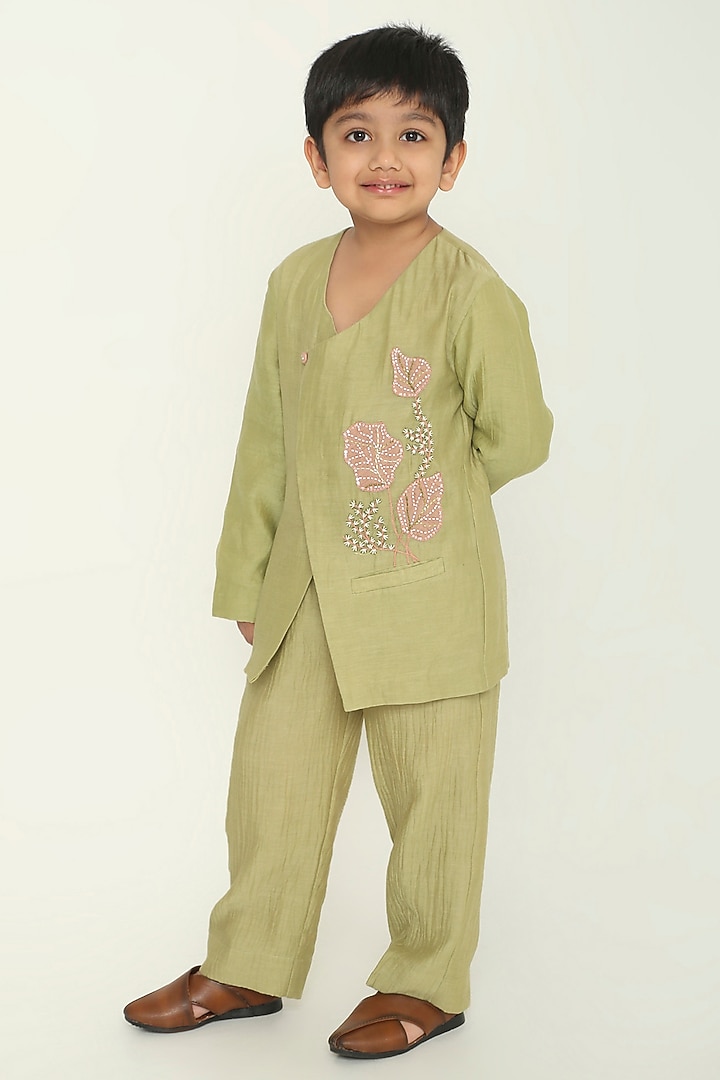 Sage Green Chanderi Floral Embroidered Kurta Set For Boys by The Right Cut Kids at Pernia's Pop Up Shop