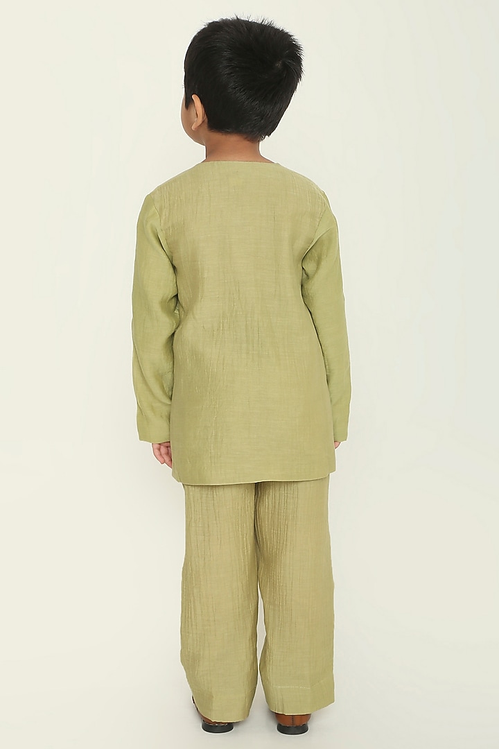 Sage Green Chanderi Floral Embroidered Kurta Set For Boys by The Right Cut Kids at Pernia's Pop Up Shop