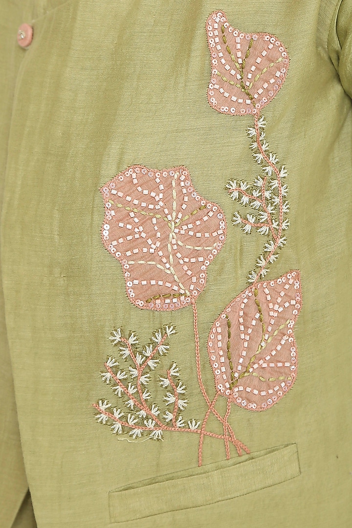 Sage Green Chanderi Floral Embroidered Kurta Set For Boys by The Right Cut Kids at Pernia's Pop Up Shop