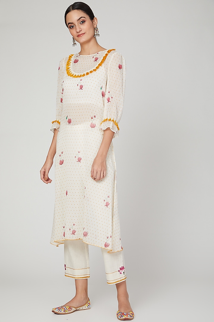 Ivory Printed & Embroidered Kurta Set For Girls by The Right Cut Kids