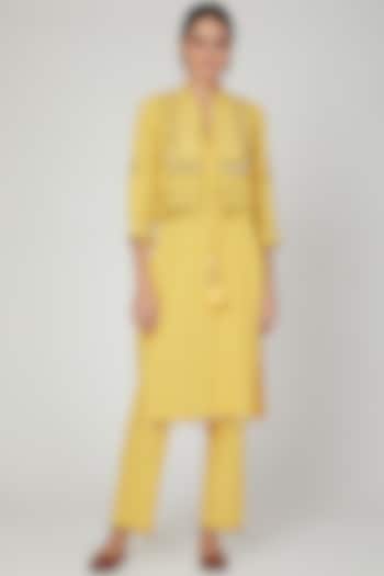 Turmeric Yellow Embroidered Kurta Set With Jacket For Girls by The Right Cut Kids
