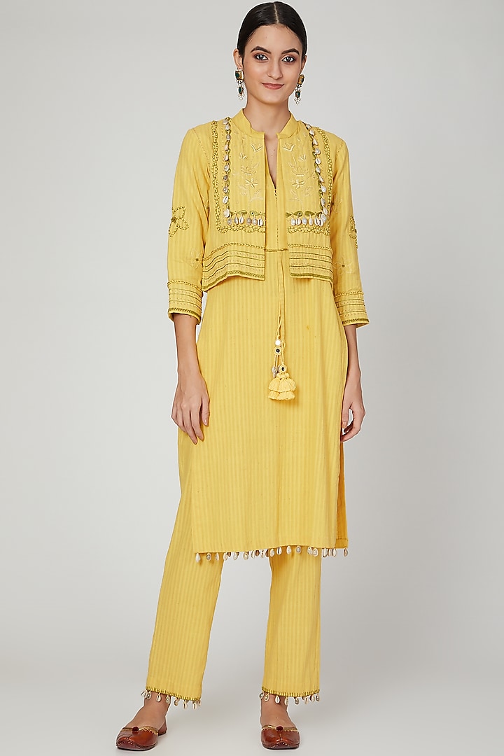 Turmeric Yellow Embroidered Kurta Set With Jacket For Girls by The Right Cut Kids