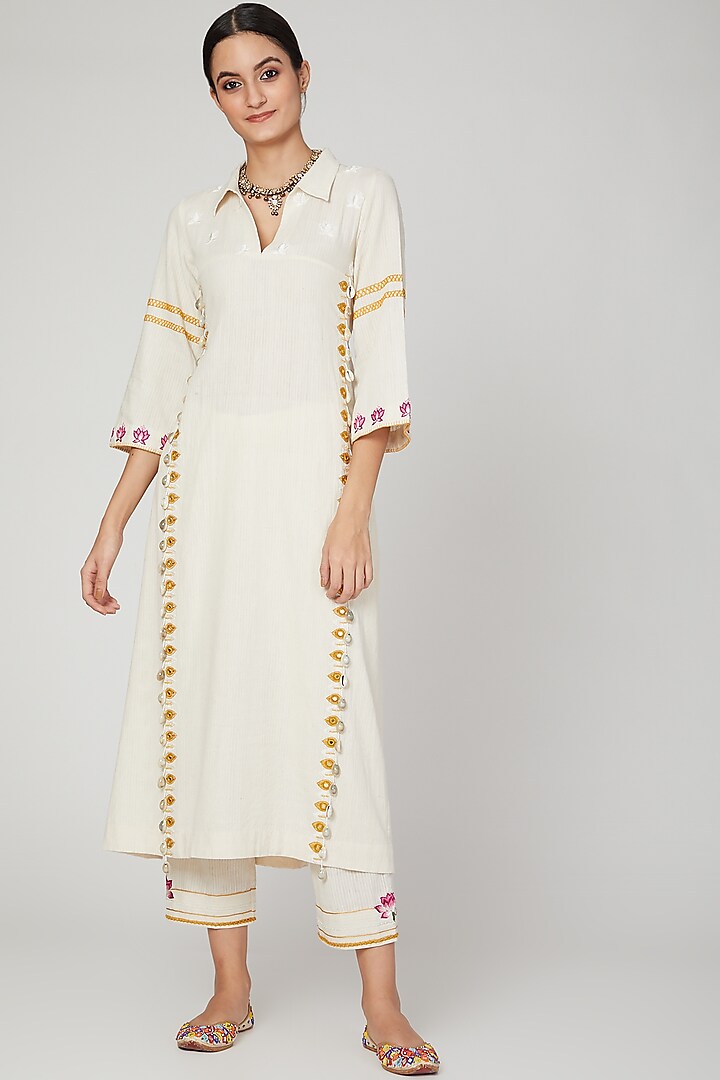 Ivory Embroidered Kurta Set With Belt For Girls by The Right Cut Kids