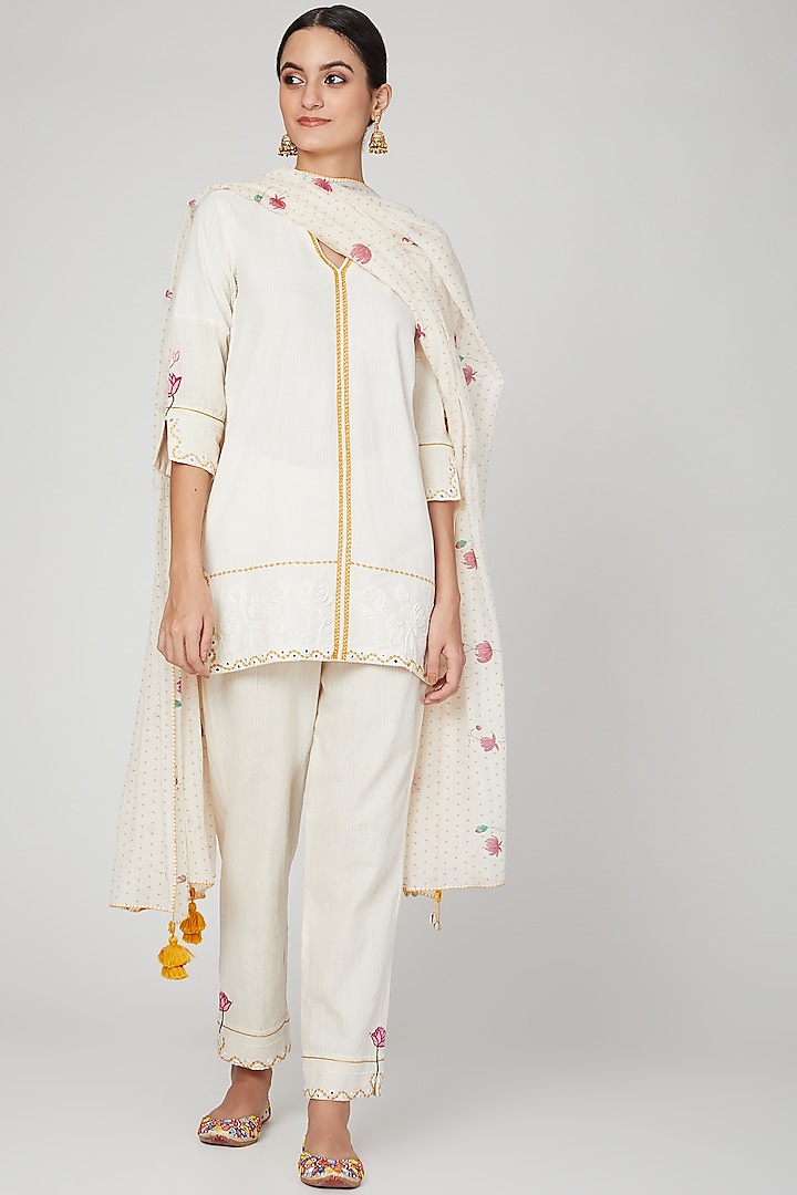 Ivory Mirror Embroidered Kurta Set For Girls by The Right Cut Kids