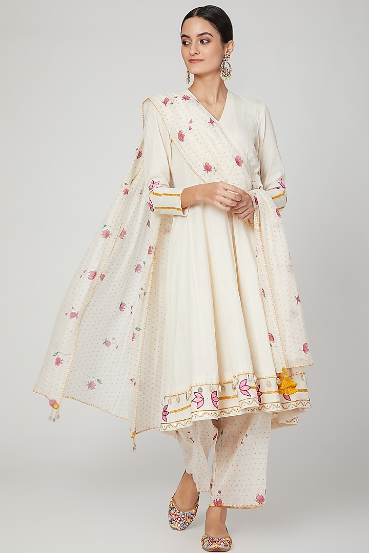 Ivory Embroidered Angrakha Anarkali Set For Girls by The Right Cut Kids
