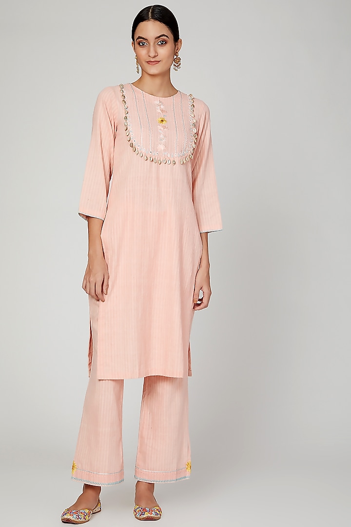 Blush Pink Embroidered Kurta Set For Girls by The Right Cut Kids