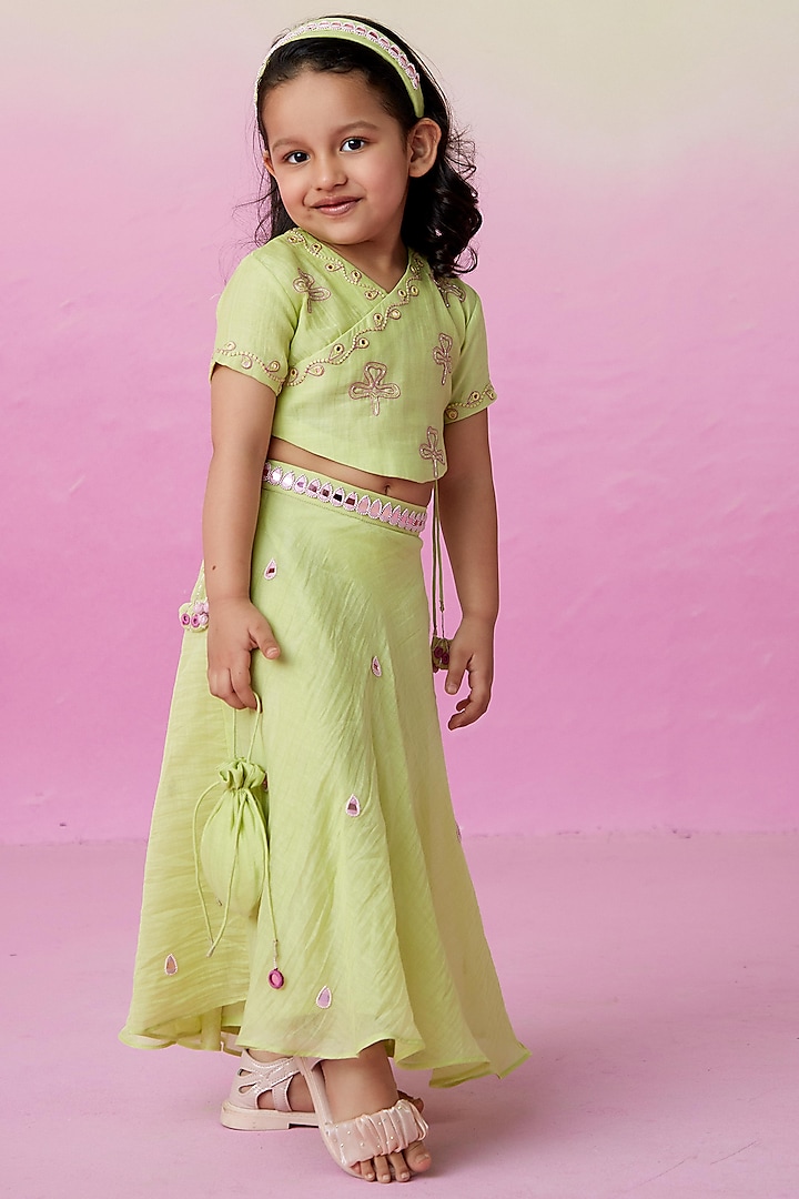 Limen Chanderi Mirror Embroidered Lehenga Set For Girls by The Right Cut Kids