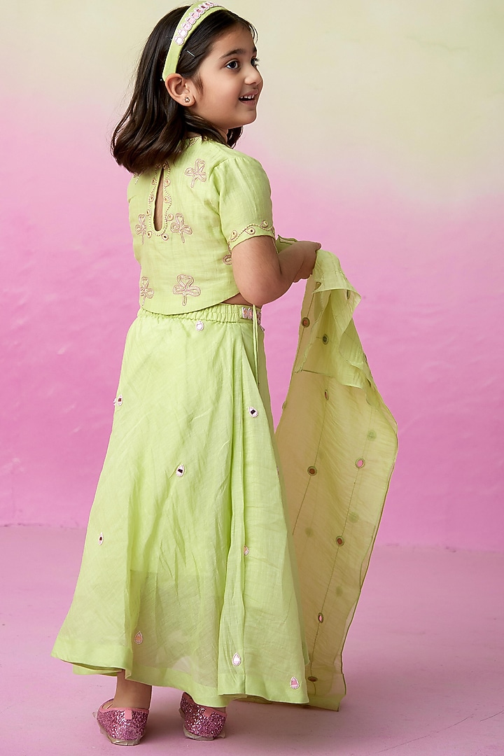 Limen Chanderi Mirror Embroidered Lehenga Set For Girls by The Right Cut Kids at Pernia's Pop Up Shop