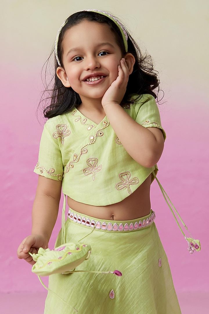 Limen Chanderi Mirror Embroidered Lehenga Set For Girls by The Right Cut Kids at Pernia's Pop Up Shop