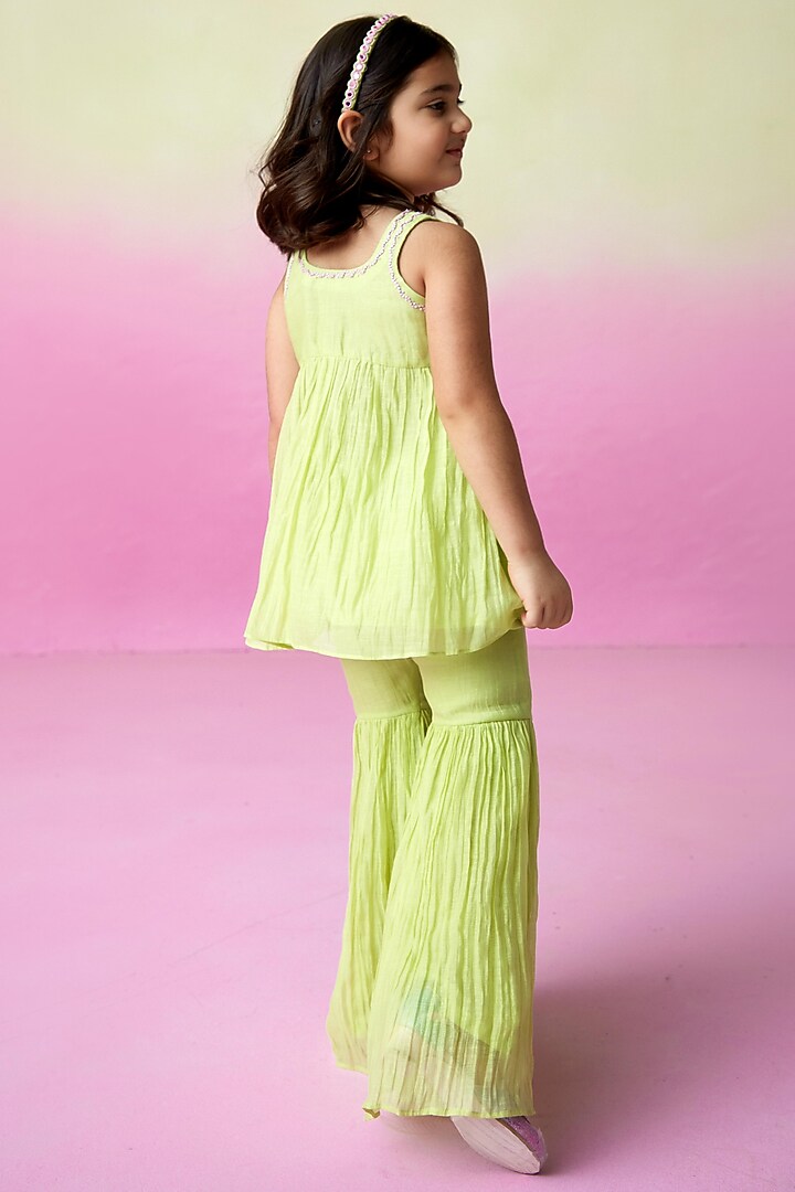 Lime Chanderi Pleated Sharara Set For Girls by The Right Cut Kids at Pernia's Pop Up Shop