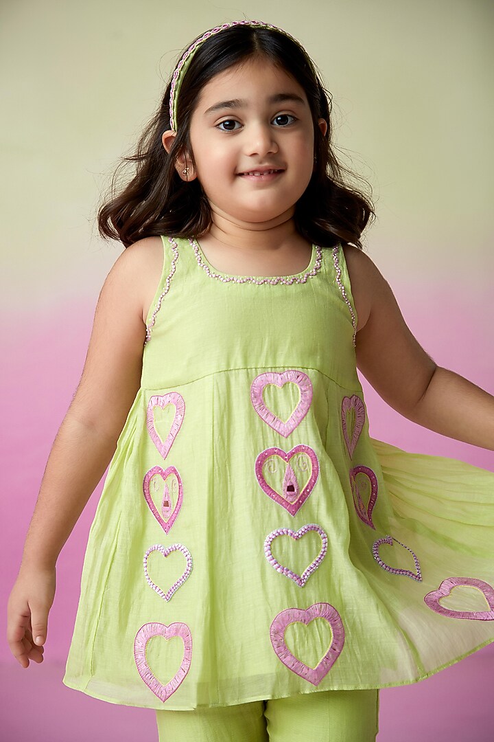 Lime Chanderi Pleated Sharara Set For Girls by The Right Cut Kids at Pernia's Pop Up Shop