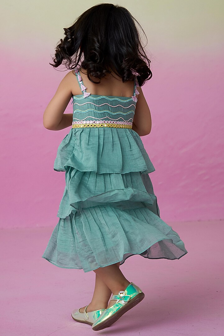 Mint Chanderi Floral Hand Embroidered Dress for Girls by The Right Cut Kids at Pernia's Pop Up Shop