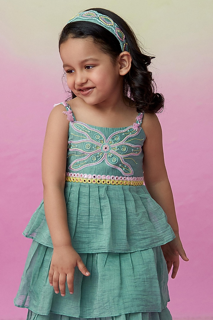 Mint Chanderi Floral Hand Embroidered Dress for Girls by The Right Cut Kids at Pernia's Pop Up Shop