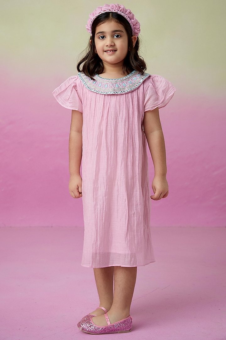 Orchid Pink Chanderi Embroidered Collar Dress For Girls by The Right Cut Kids