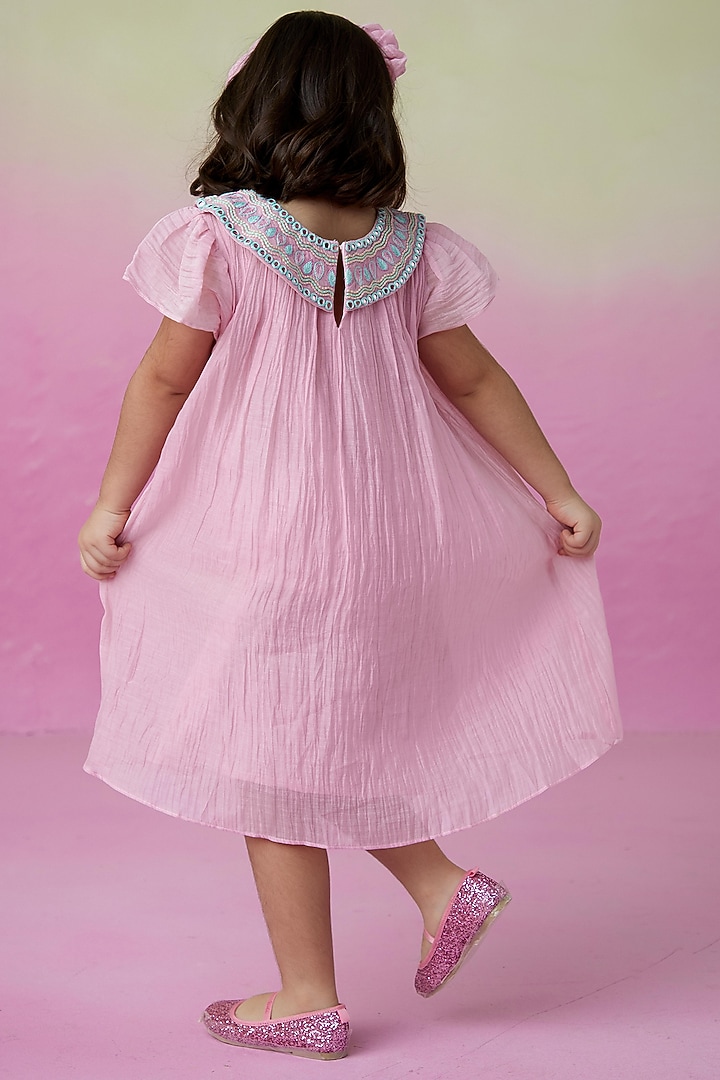 Orchid Pink Chanderi Embroidered Collar Dress For Girls by The Right Cut Kids at Pernia's Pop Up Shop