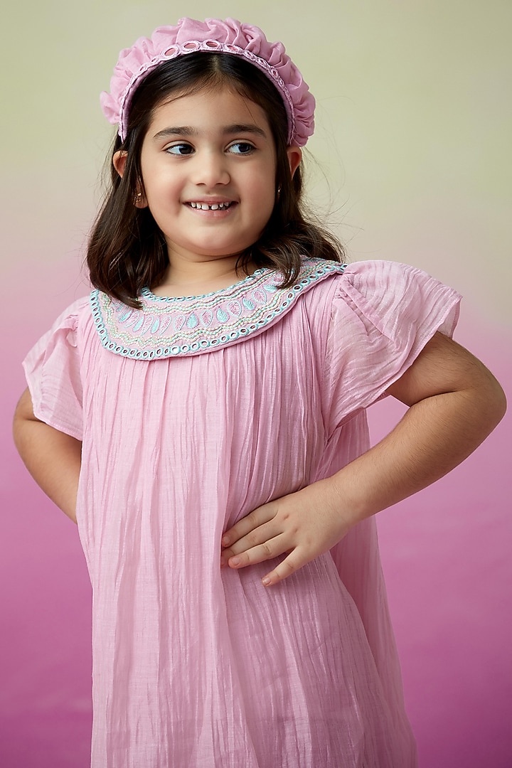 Orchid Pink Chanderi Embroidered Collar Dress For Girls by The Right Cut Kids at Pernia's Pop Up Shop