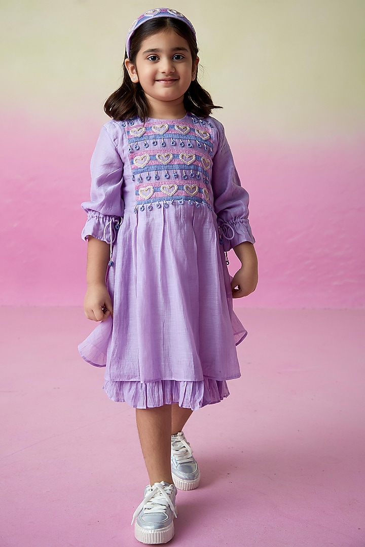 Lavender Chanderi Hearts Embroidered Dress For Girls by The Right Cut Kids