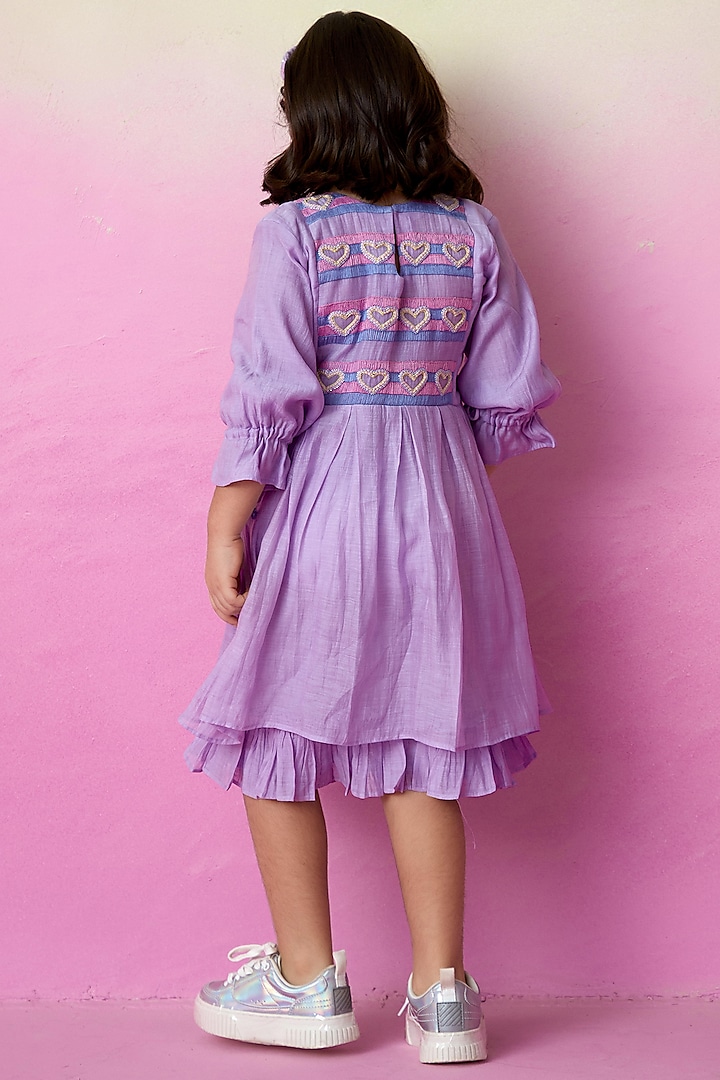 Lavender Chanderi Hearts Embroidered Dress For Girls by The Right Cut Kids at Pernia's Pop Up Shop