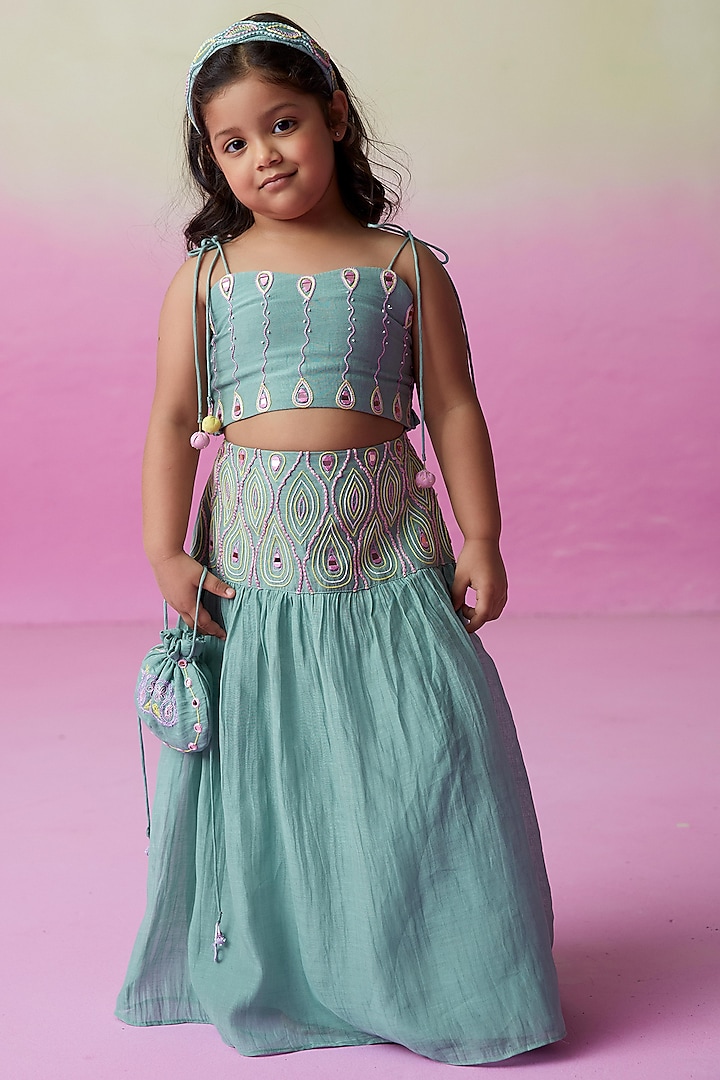 Mint Chanderi Embroidered Skirt Set for Girls by The Right Cut Kids at Pernia's Pop Up Shop