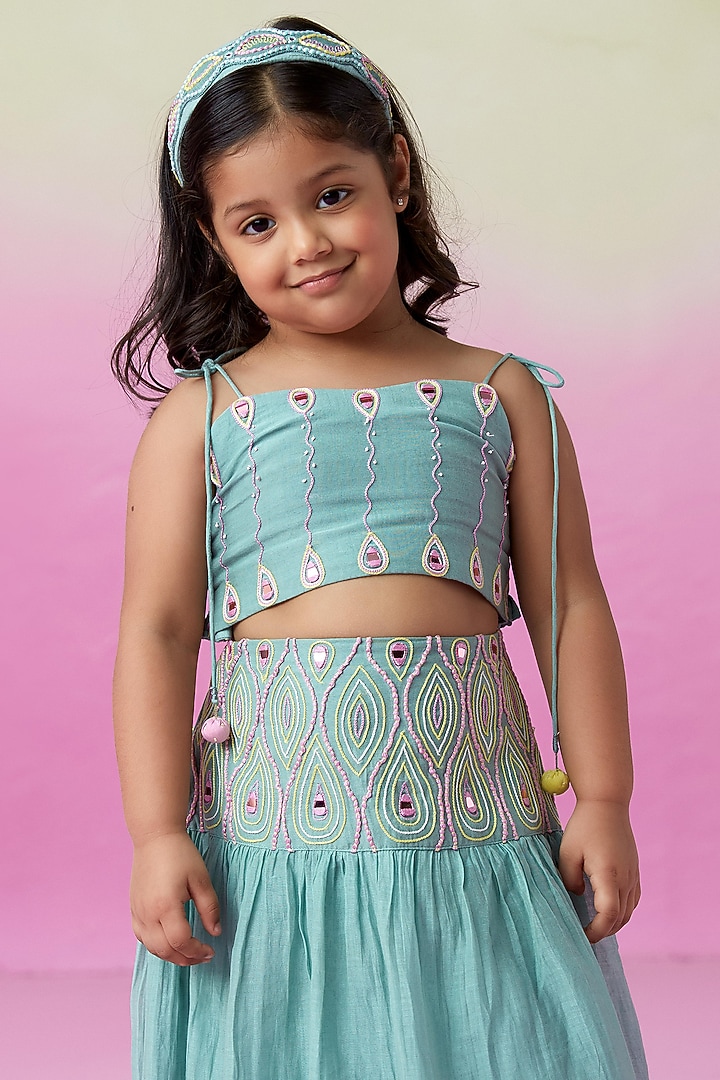 Mint Chanderi Embroidered Skirt Set for Girls by The Right Cut Kids at Pernia's Pop Up Shop