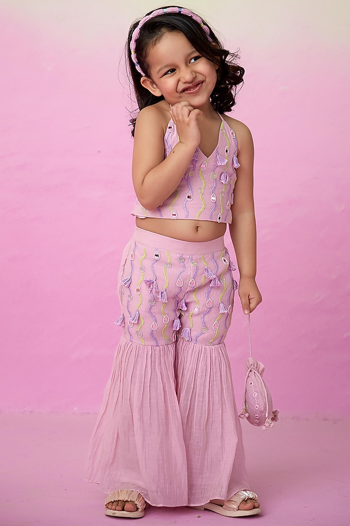 Orchid Pink Chanderi Tassels Embroidered Sharara Set For Girls by The Right Cut Kids at Pernia's Pop Up Shop