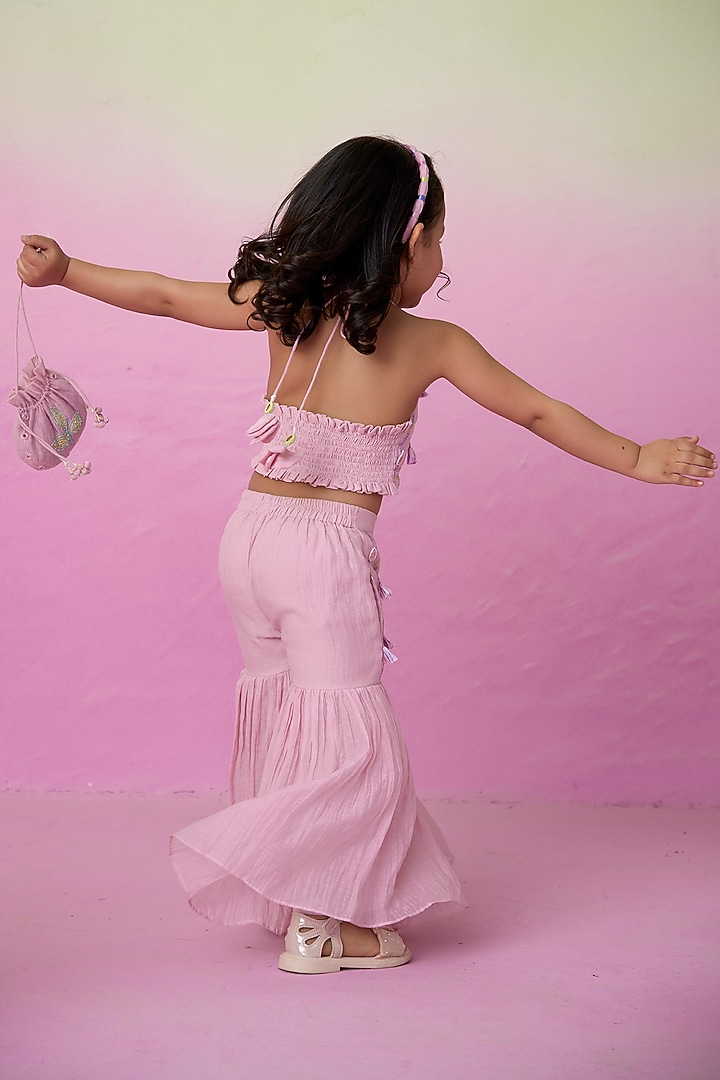 Orchid Pink Chanderi Tassels Embroidered Sharara Set For Girls by The Right Cut Kids at Pernia's Pop Up Shop