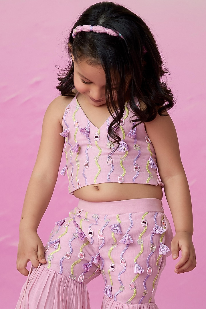 Orchid Pink Chanderi Tassels Embroidered Sharara Set For Girls by The Right Cut Kids at Pernia's Pop Up Shop