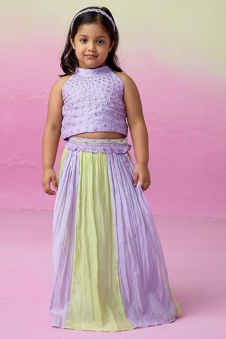 Lime & Lavender Chanderi Skirt Set For Girls by The Right Cut Kids at Pernia's Pop Up Shop