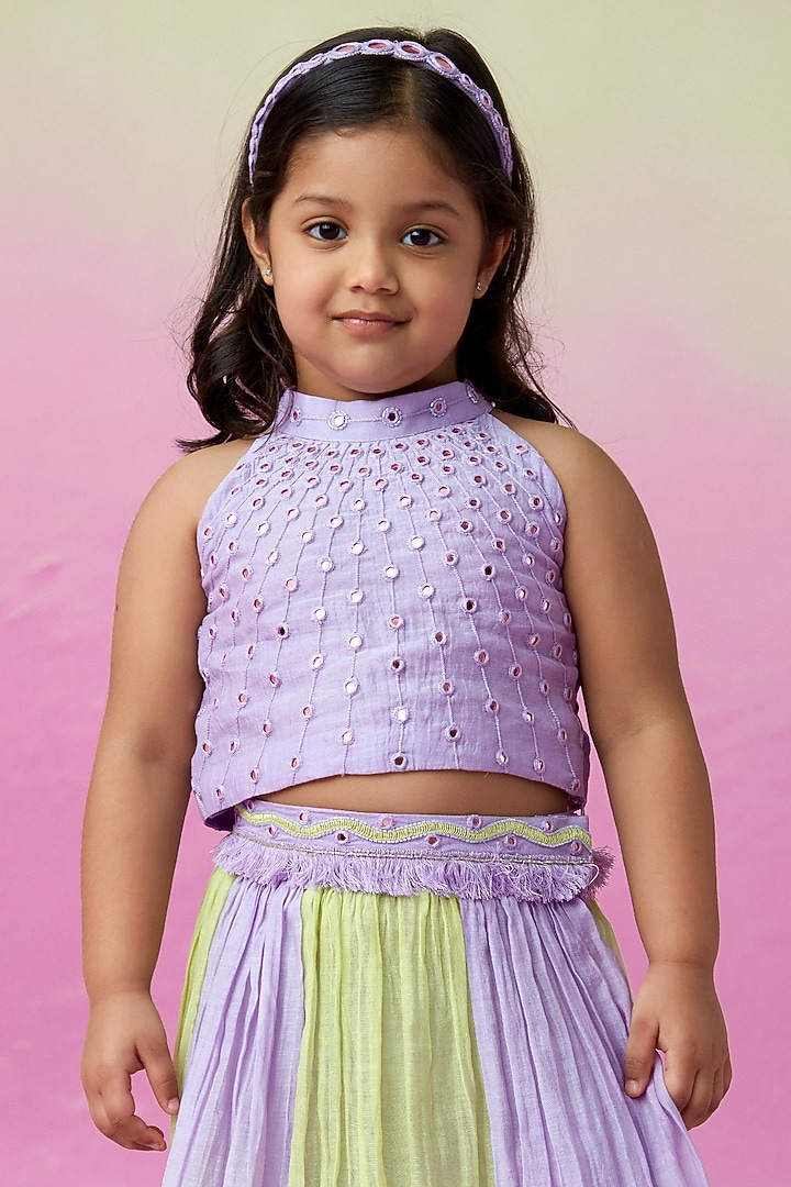 Lime & Lavender Chanderi Skirt Set For Girls by The Right Cut Kids at Pernia's Pop Up Shop