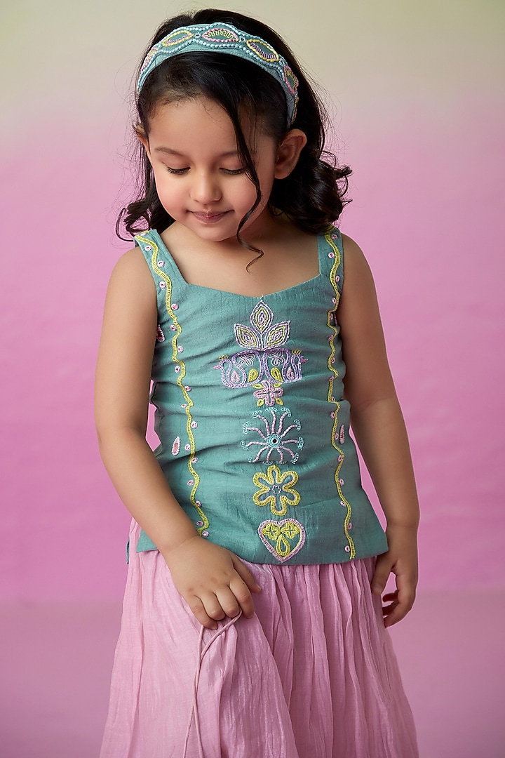 Orchid Pink Chanderi Pleated Sharara Set For Girls by The Right Cut Kids at Pernia's Pop Up Shop