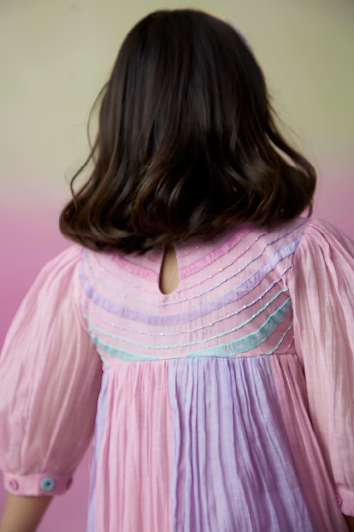 Lavender & Orchid Pink Chanderi Mirror Embroidered Dress For Girls by The Right Cut Kids at Pernia's Pop Up Shop